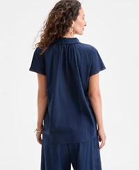 Style & Co Petite Eyelet-Detail Cotton Camp Shirt, Exclusively at Macy's