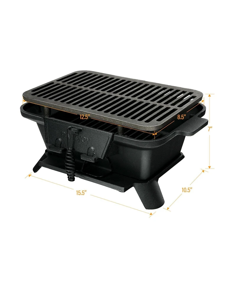 Portable Hibachi Grill, Double-sided Cast Iron Grill with Air Regulating Door & Fire Gate, Grate Lifter, Ideal for Outdoor Picnic, Camping & Backyard
