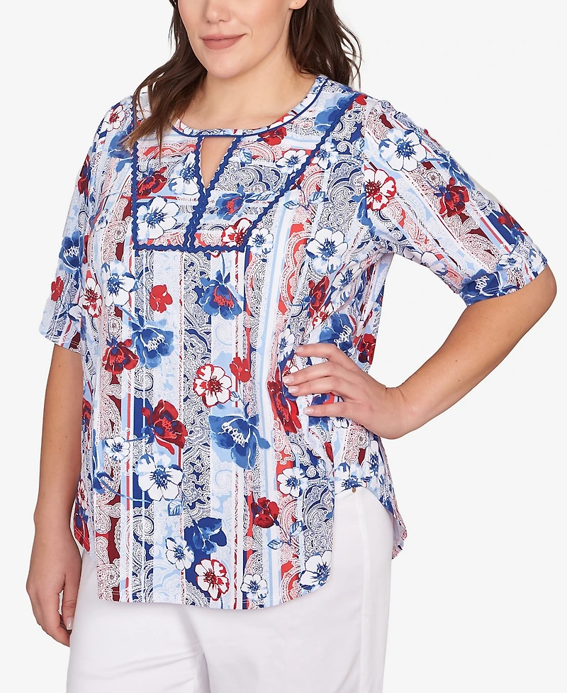 Ruby Rd. Plus Riviera Floral Stripe Print Knit Top