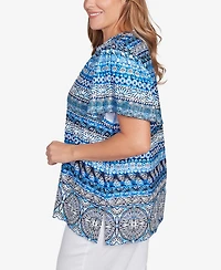 Ruby Rd. Plus Motif Stripe Embroidered Puff Print Top