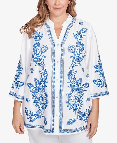 Ruby Rd. Plus Tidal Embroidered Button Front Top