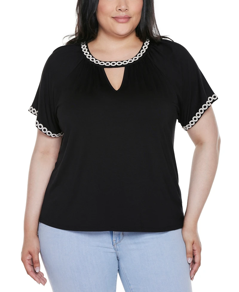 Belldini Plus Crochet-Trim Short Sleeve Knit Top