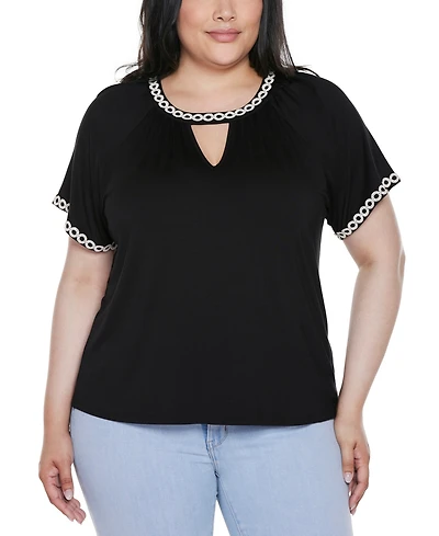 Belldini Plus Crochet-Trim Short Sleeve Knit Top