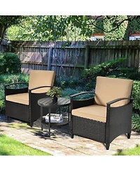 Gymax 3PCS Outdoor Wicker Bistro Set Patio Conversation Furniture Set w/ Cushions
