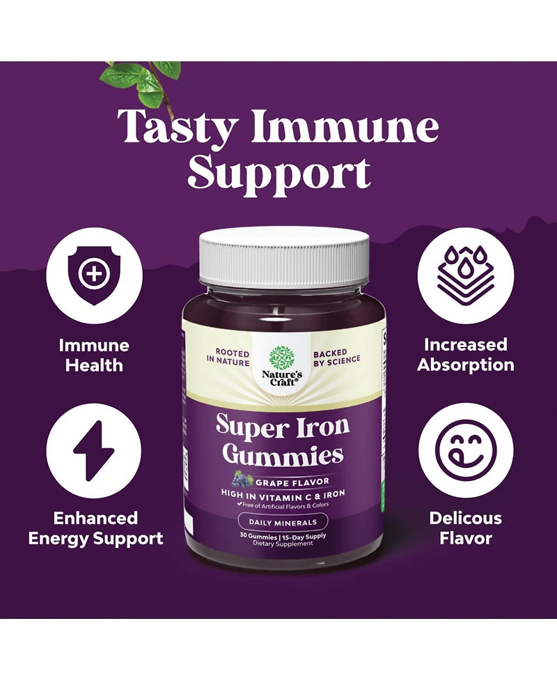 Super Iron Gummy, Chewable Iron Supplement for Women and Men with Vitamin C for Higher Absorption, Grape Flavor, Nature's Craft 30ct