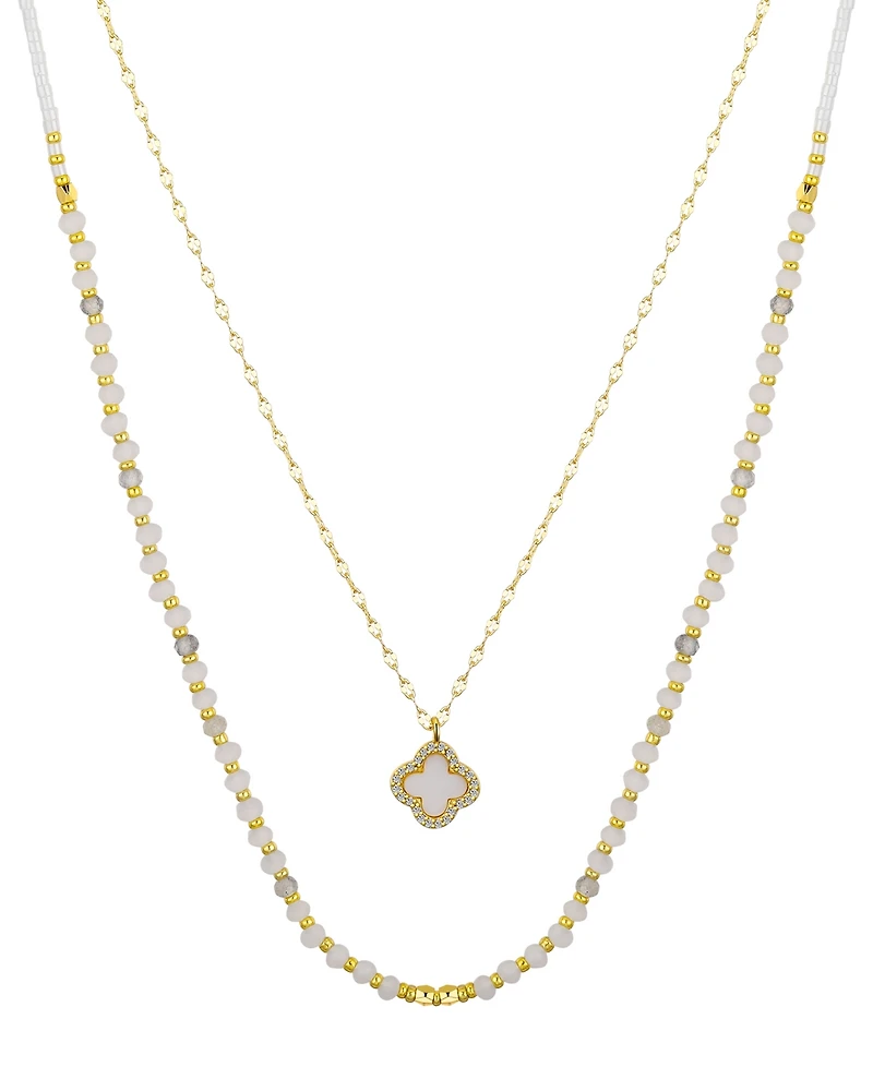 Unwritten Labradorite Stone Mother of Pearl and Cubic Zirconia Clover Layered Necklace Set