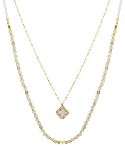 Unwritten Labradorite Stone Mother of Pearl and Cubic Zirconia Clover Layered Necklace Set