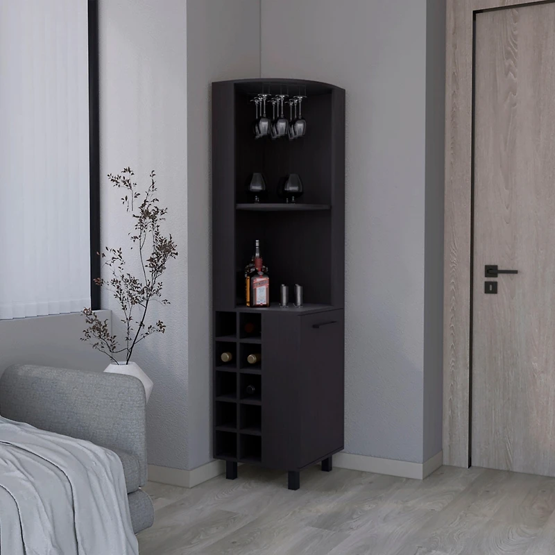 Morocco Corner Bar Single Door Cabinet Two Shelves, Ten Built-in Wine Rack, Interior Black