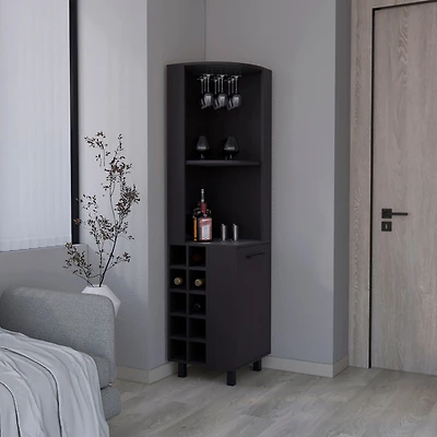 Morocco Corner Bar Single Door Cabinet Two Shelves, Ten Built-in Wine Rack, Interior Black