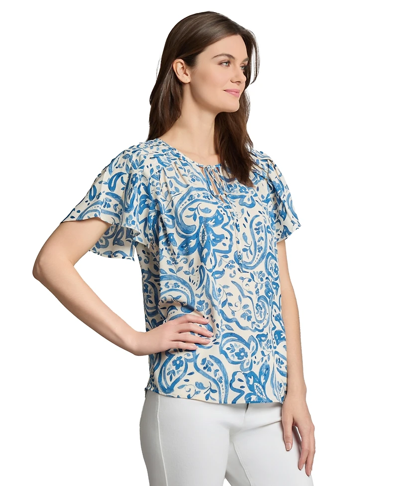 Jones New York Petite Paisley-Print Flutter-Sleeve Top