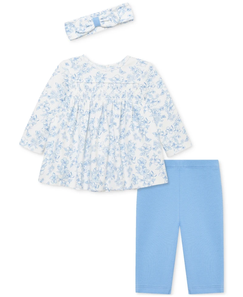 Little Me Baby Girls Cotton Headband, Smocked Floral-Print Tunic & Leggings, 3 Piece Set