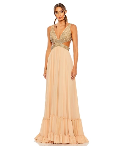 Mac Duggal Women's Lace Up Rhinestone Embellished Cut Out Gown