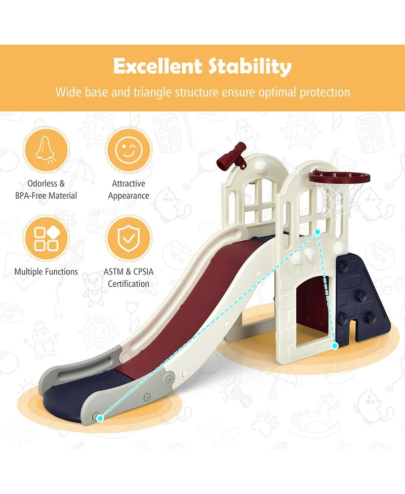 6-in-1 Toddler Climber Slide Playset with Basketball Hoop