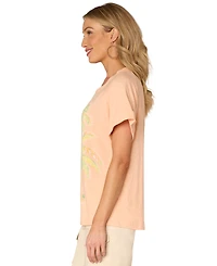 Democracy Petite Embroidered Roll-Cuff Scoop-Neck Top