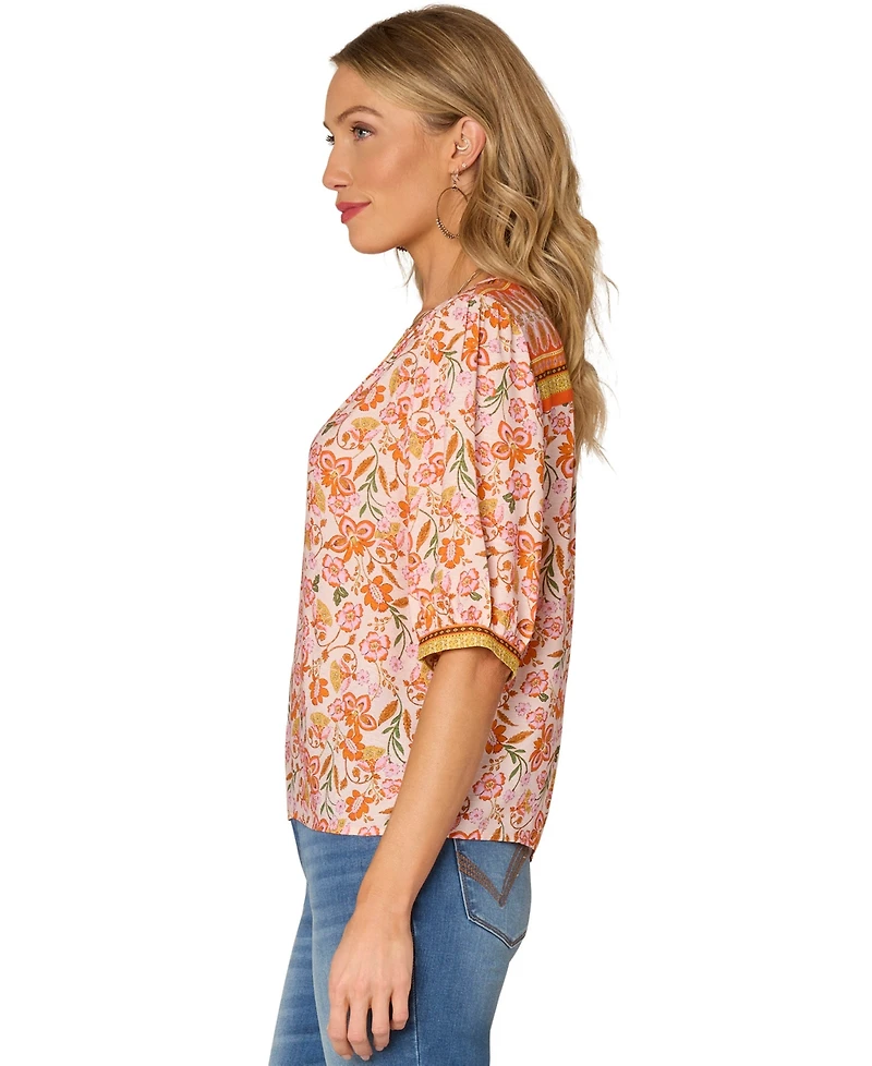 Democracy Petite Printed Notch-Neck Elbow-Sleeve Top