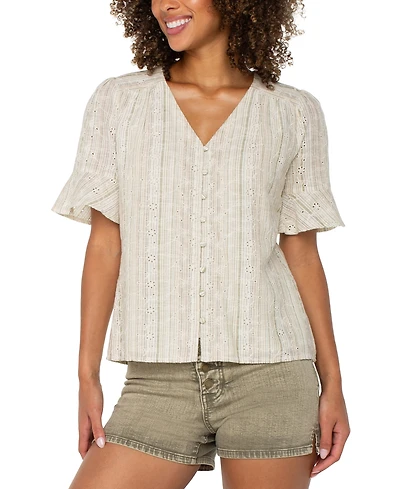 Liverpool Los Angeles Women's Striped Embroidered Cotton Linen Blouse