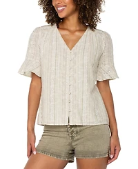 Liverpool Los Angeles Women's Striped Embroidered Cotton Linen Blouse