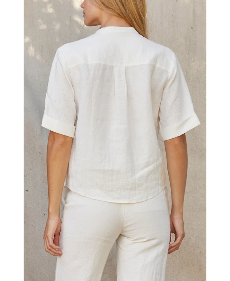 Crescent Women's Joyce Short Sleeve Button Up Linen Top