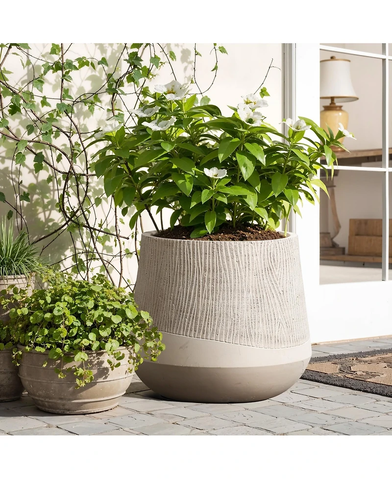LuxenHome Blended Tan with Wood Pattern Round Tapered -Inch Tall MgO Planter