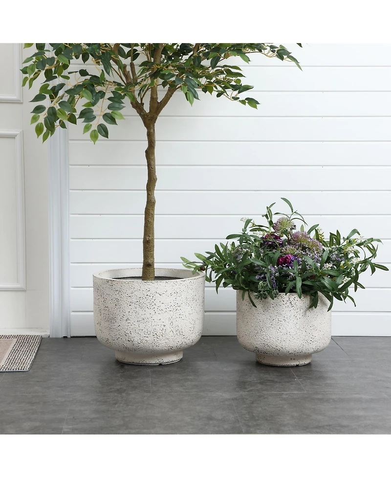LuxenHome Rustic White with Gray 9.6-Inch Tall Round MgO Planter