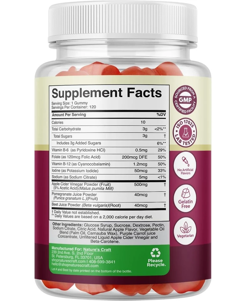 Apple Cider Vinegar Gummies | Natural Energy Supplement Acv + Mother for Body Cleanse Immune Support | 120ct