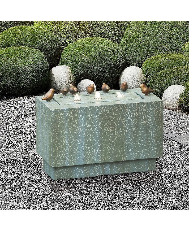 LuxenHome Patina Gray/Green Resin Rectangular Bubbler Outdoor Fountain with Led Lights and Bronze Birds