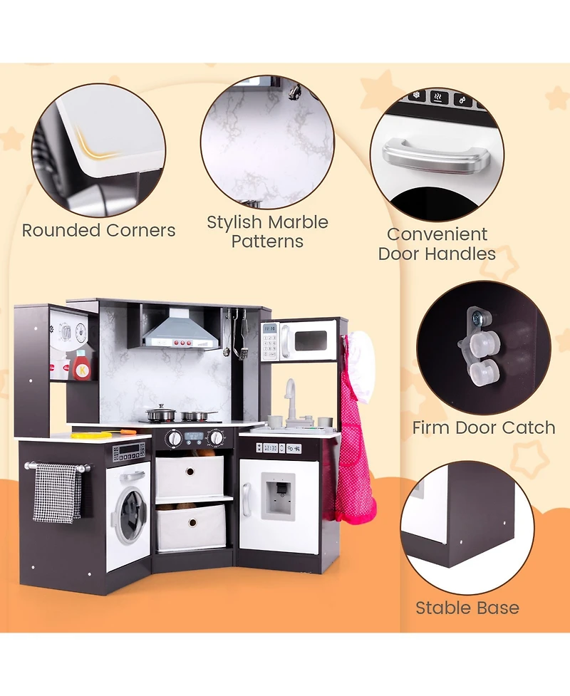 Wooden Kids Play Kitchen Playset with Realistic Lights and Sounds