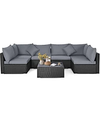 7 Pieces Sectional Wicker Furniture Sofa Set with Tempered Glass Top Coffee Table