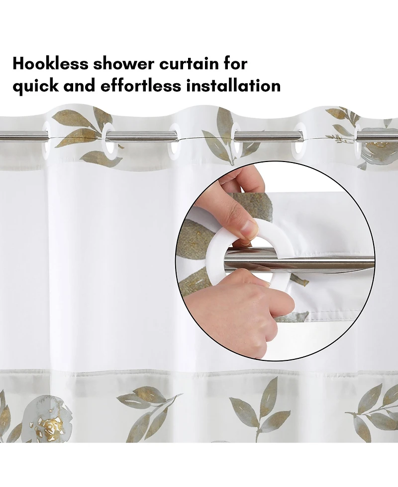 Americanflat 72x75 Hookless Shower Curtain - Floral Gold Grey Shower Curtain with Sheer Panel, Snap-In Liner, and Grommets - 100% Polyester
