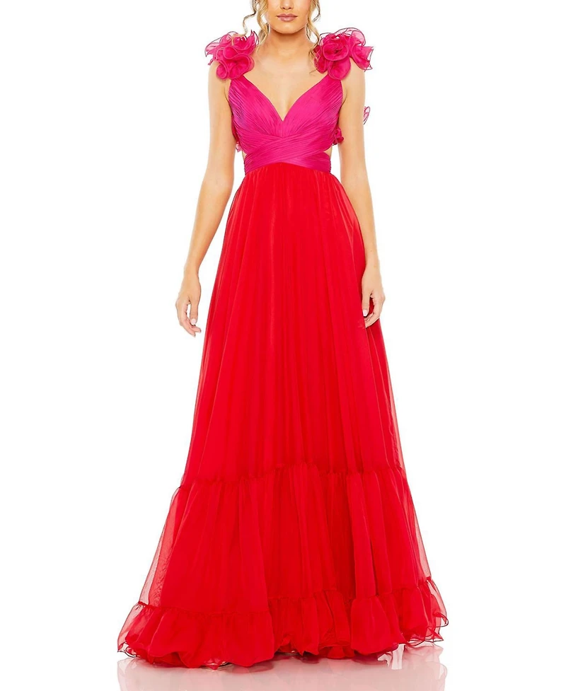 Mac Duggal Women's Ruffle Tiered Cut Out Lace Up Chiffon Gown