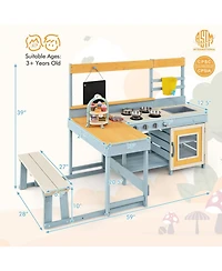 Fir Wood Play Kitchen with Kids Picnic Table and Built-in Bench