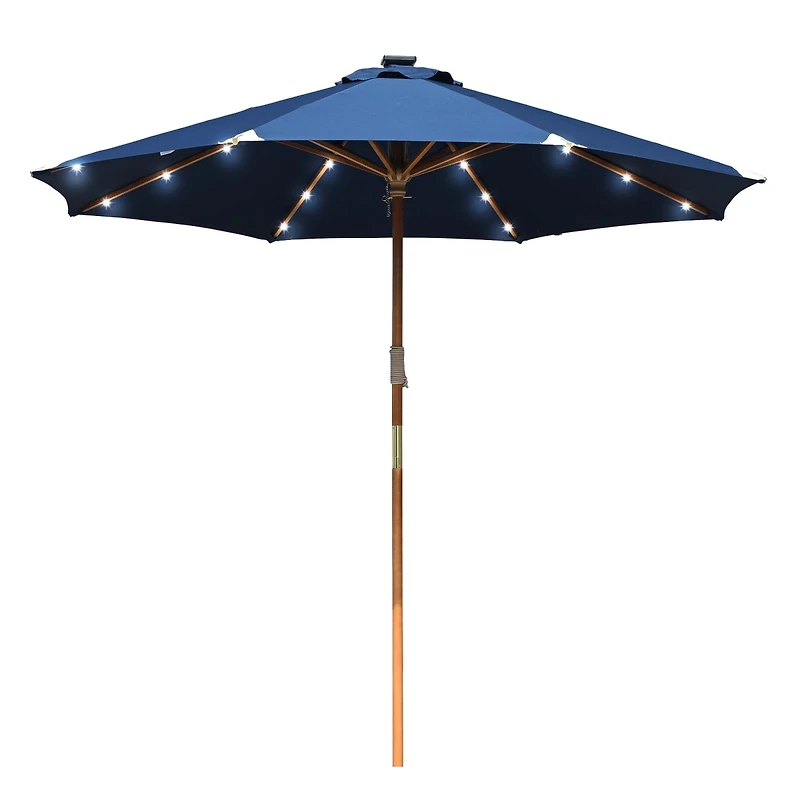 LAGarden Boho 32 Led 9Ft Wood Market Patio Umbrella with Solar Lights for Bar Hotel Resort Alfresco Dining Rooftop Restauran Navy Blue