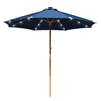LAGarden Boho 32 Led 9Ft Wood Market Patio Umbrella with Solar Lights for Bar Hotel Resort Alfresco Dining Rooftop Restauran Navy Blue