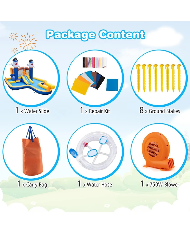 7-In-1 Water Slide Park with Splash Pool and Water Cannon with 680W Blower