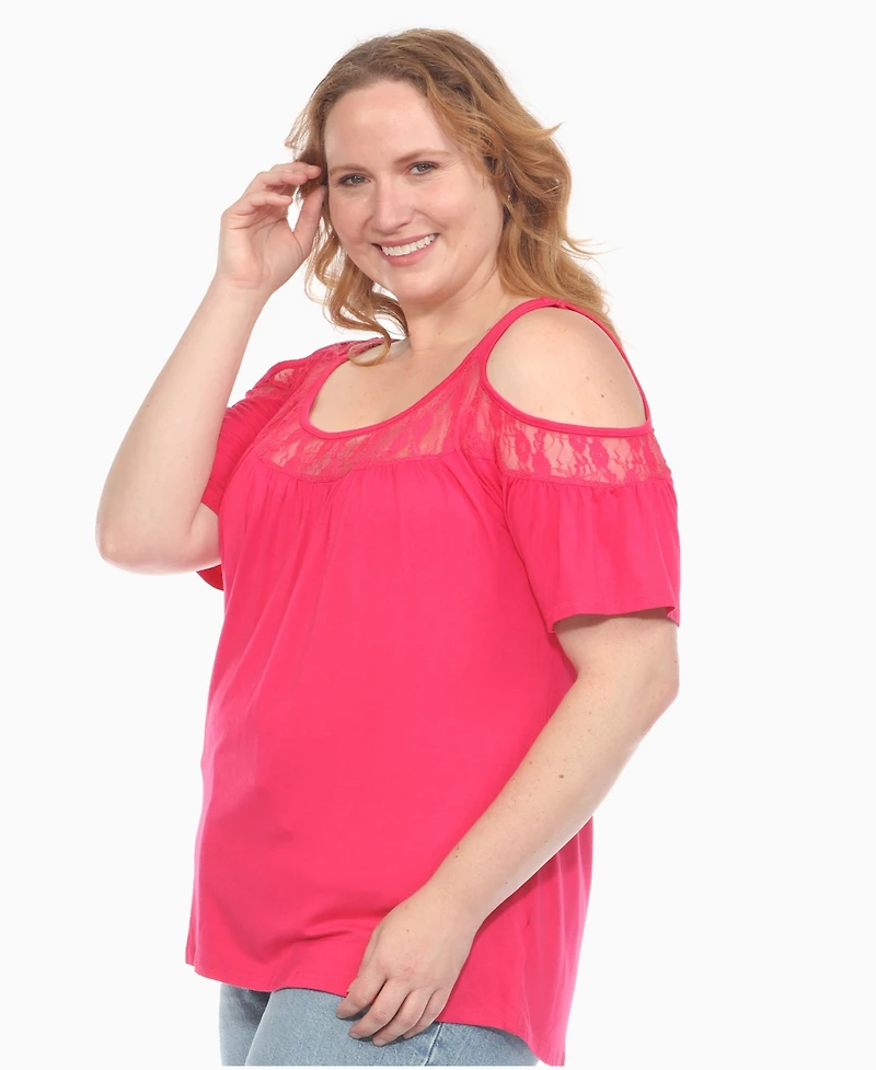 White Mark Plus Cold Shoulder Lace Trim Knit Top