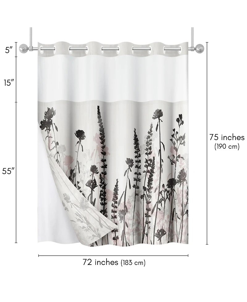 Americanflat 72x75 Hookless Shower Curtain - Floral and Shower Curtain with Sheer Panel, Snap-In Liner, and Grommets