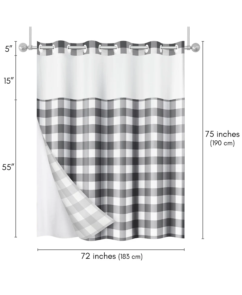 Americanflat 72x75 Hookless Shower Curtain - Gray Plaid Shower Curtain with Sheer Panel, Snap-In Liner, and Grommets - 100% Polyester