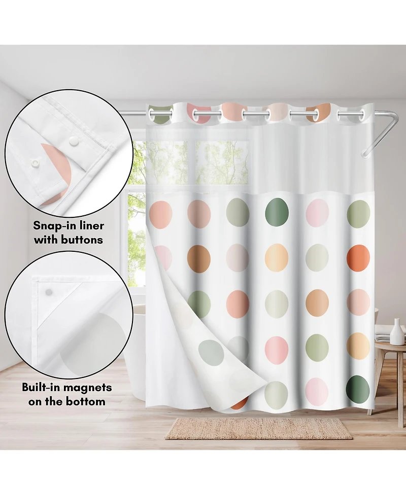 Americanflat 72x75 Hookless Shower Curtain - Polka Dot Green Orange Pink Shower Curtain with Sheer Panel, Snap-In Liner, and Grommets