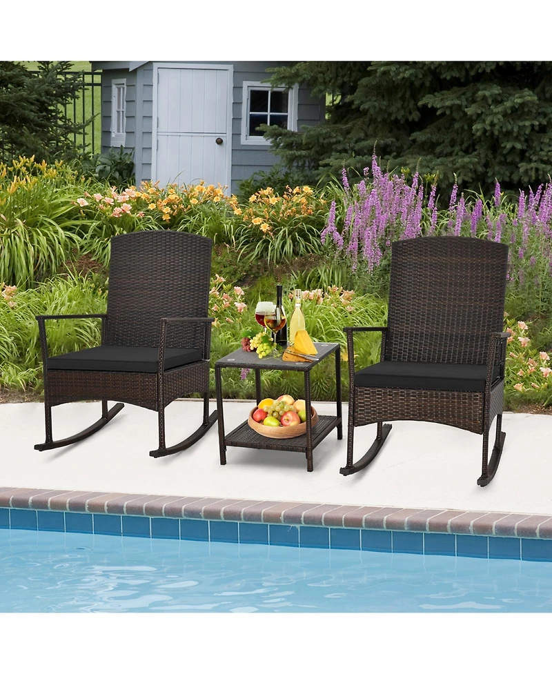 3 Piece Patio Rocking Set Wicker Rocking Chairs with 2-Tier Coffee Table