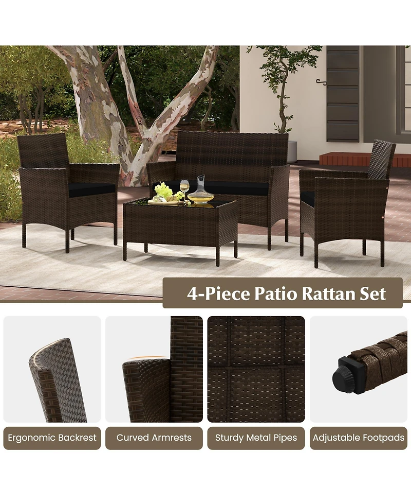 4 Piece Patio Rattan Conversation Set with Cozy Seat Cushions