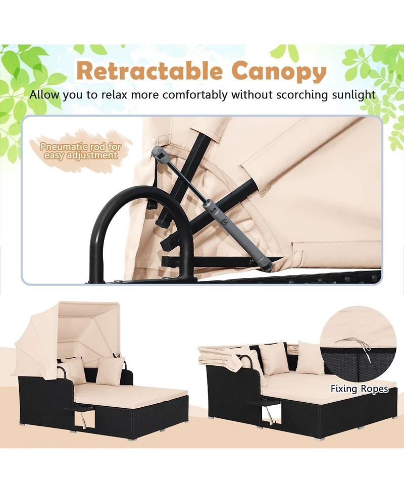 Patio Rattan Daybed with Retractable Canopy and Side Tables