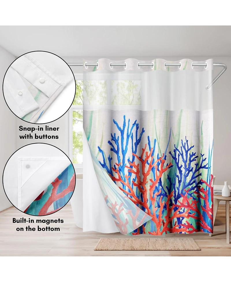 Americanflat 72x75 Hookless Shower Curtain - Coastal Orange Blue Shower Curtain with Sheer Panel, Snap-In Liner, and Grommets - 100% Polyester