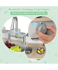 Double Sided Kids Pretend Kitchen Playset with 2-Seat Cafe