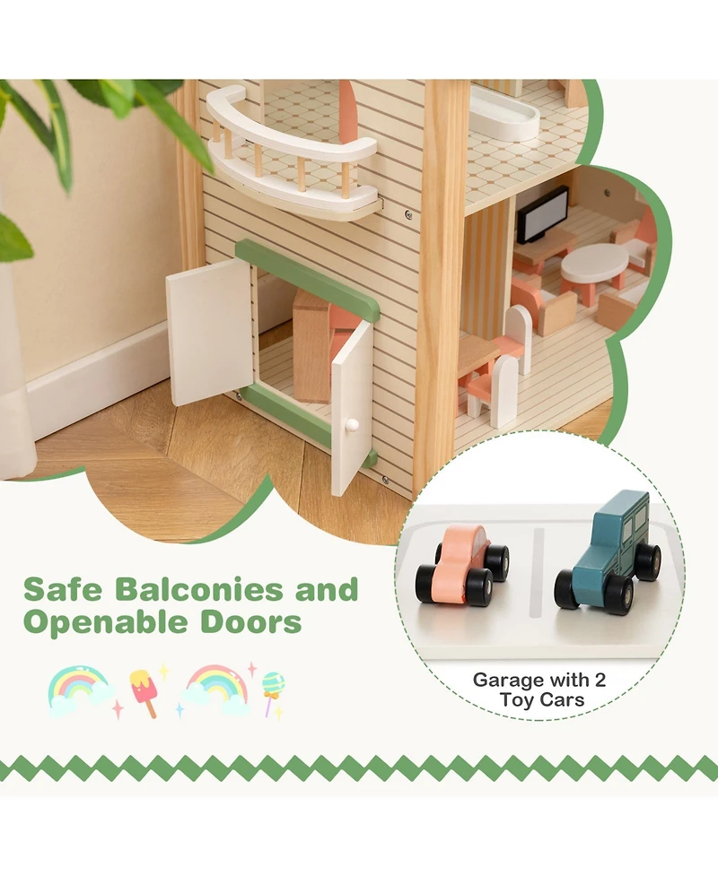 Wooden Corner Dollhouse Playset with 6 Rooms and 36 Pieces for Kids 3+ Years Old