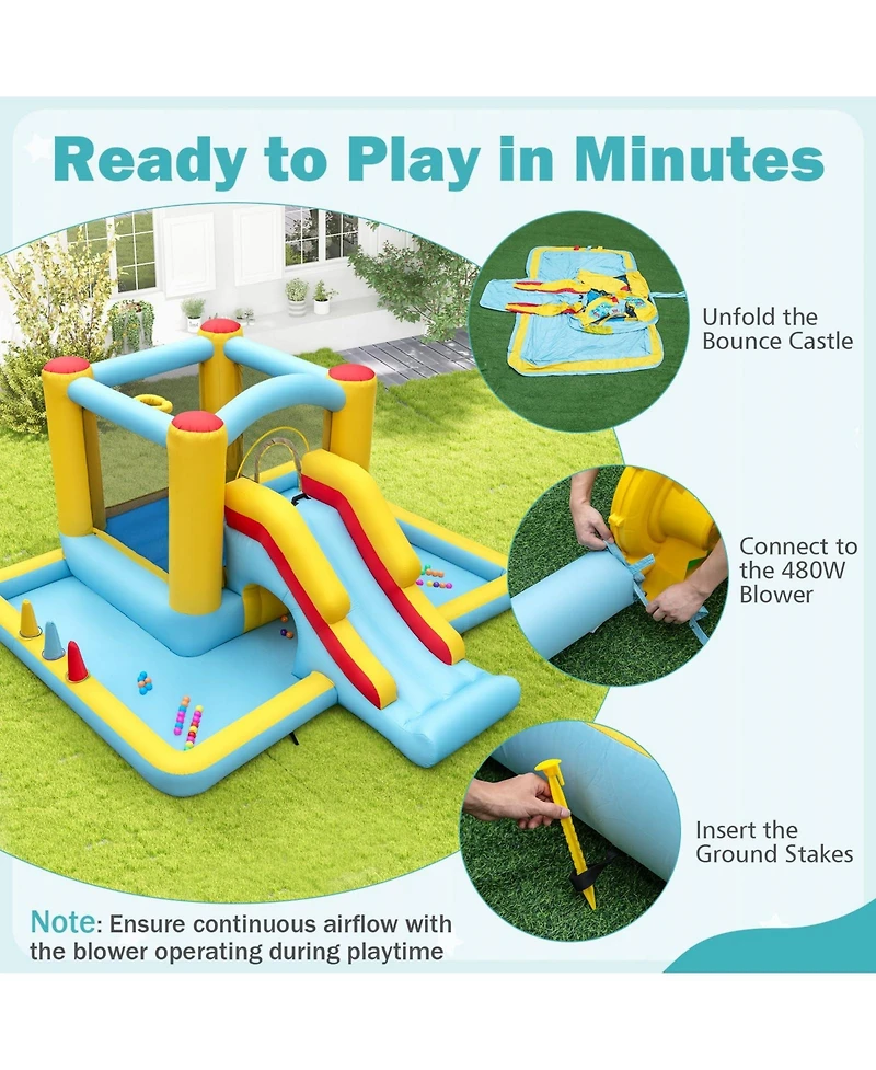 Inflatable Bounce House 7-in-1 Bouncy Castle with Slide and Tunnel with 550W Blower
