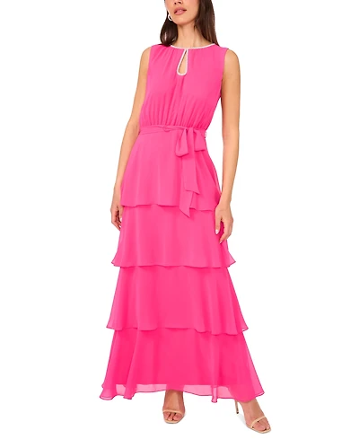 Msk Women's Keyhole-Neck Sleeveless Tiered Chiffon Gown