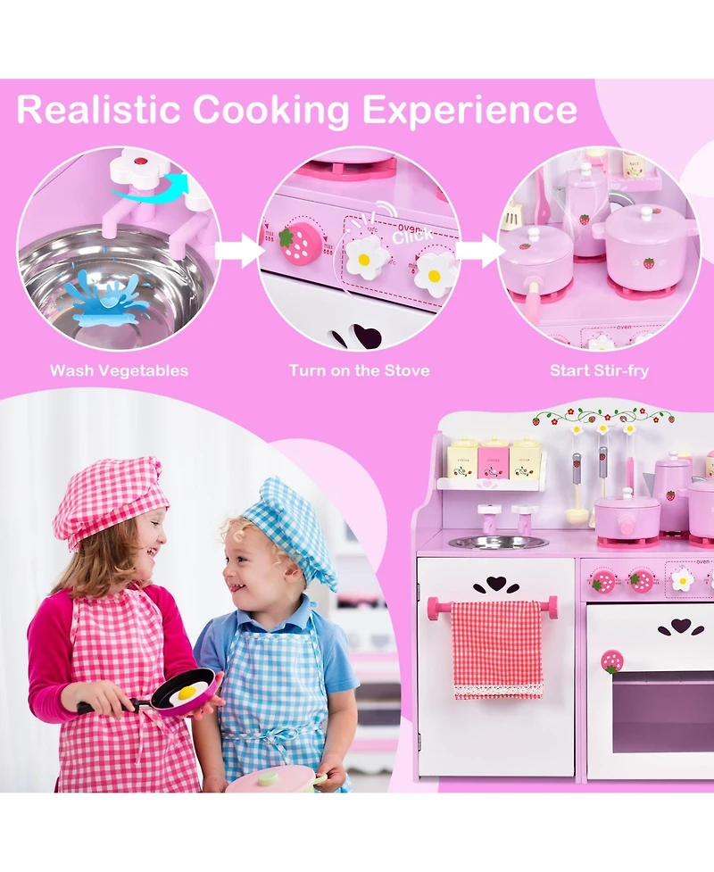 Kids Wooden Kitchen Toy Strawberry Pretend Cooking Playset