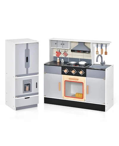 Wooden Chef Play Kitchen and Refrigerator with Realistic Range Hood and Roaster