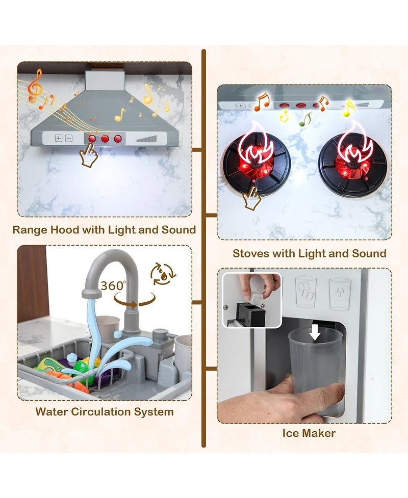 Wooden Corner Play Kitchen with Water Circulation System and Lights