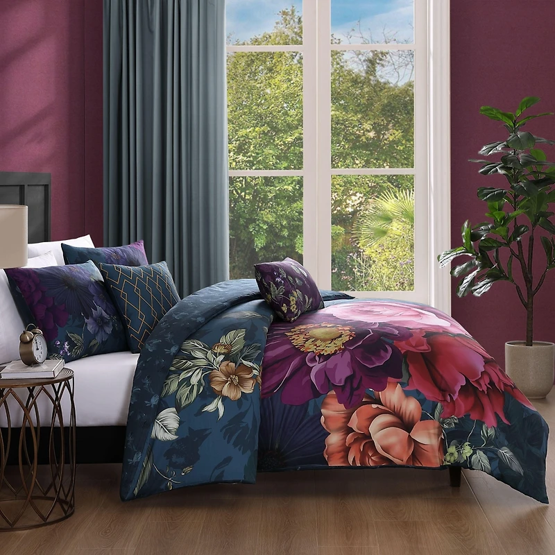 Bebejan Vibrant Flora Bedding 100% Cotton Sateen 5 Piece Queen Size Reversible Comforter Set